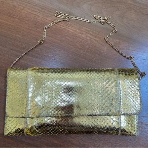 Carlos Falchi Gold Metallic Snakeskin Clutch With Gold Chain